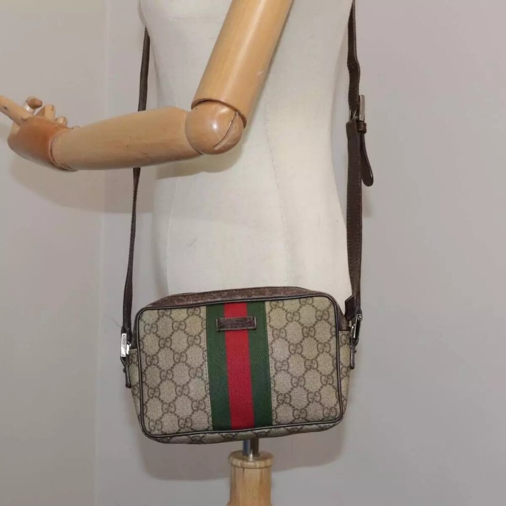 GUCCI GG Supreme Web Sherry Line Shoulder Bag Beige Silver